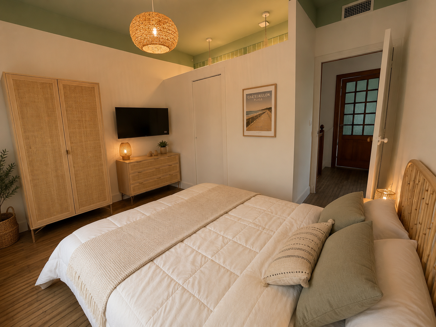Grande chambre évasion avec lit double, mobilier en rotin et lumière douce